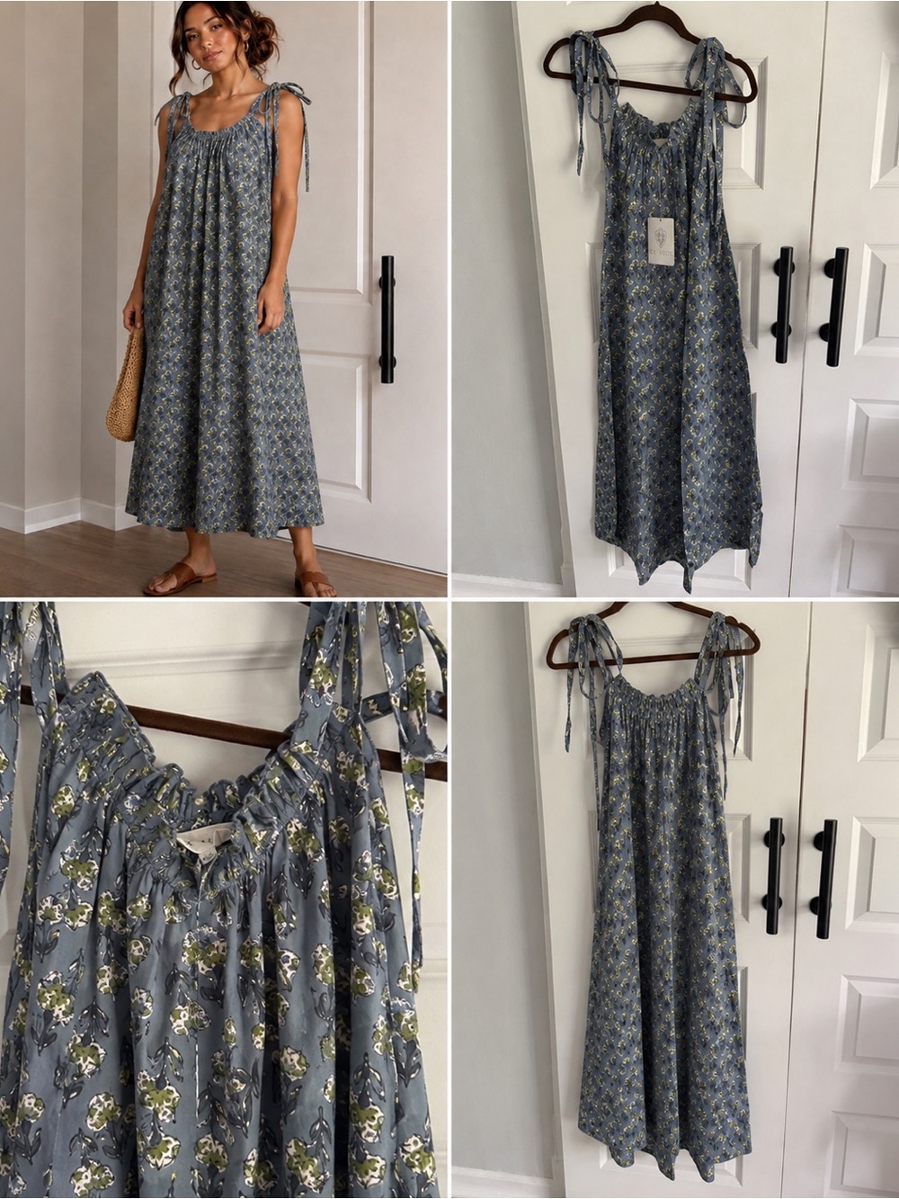 Iris Tie-Shoulder Floral Maxi Sundress in Blue